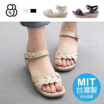 【88%】5CM涼鞋 MIT台灣製 氣質百搭一字編織 皮革楔型厚底魔鬼氈涼拖鞋