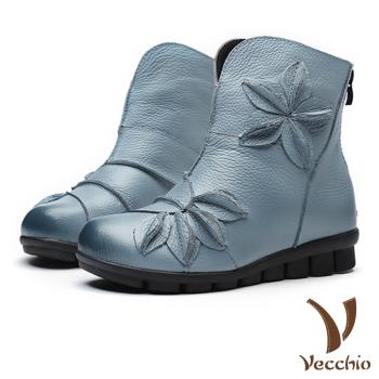 【Vecchio】真皮頭層牛皮立體葉片花朵平底短靴 水藍