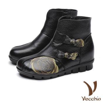 【Vecchio】真皮頭層牛皮手工玫瑰印花中國風蝴蝶結飾平底短靴 黑