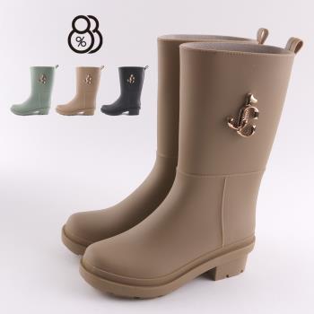 【88%】3CM雨靴 優雅氣質金屬飾釦 筒高23.5CM防水防雨厚底圓頭中筒靴