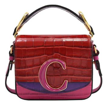 CHLOE Mini 金屬C 鱷魚紋小牛皮肩背手提方包.紅紫