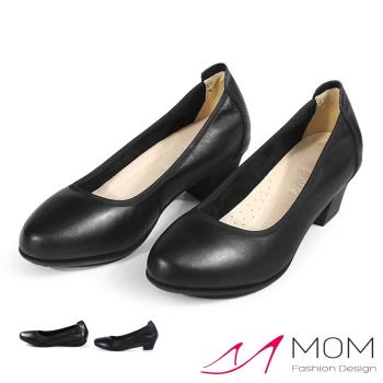 【MOM】真皮頭層牛皮小圓頭淺口舒適跟鞋(3款任選)