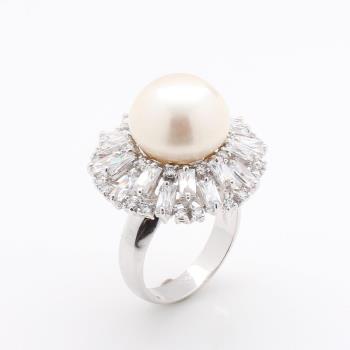 【寶石方塊】天然珍珠套鍊組-項鍊+戒指-925銀飾-高貴優雅