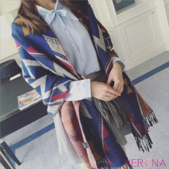 【Verona】新亞曼民族風拼色幾何仿羊絨流蘇大披肩圍巾