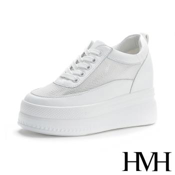 【HMH】舒適真皮網面拼接透氣內增高時尚厚底休閒鞋 白