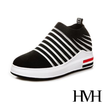 【HMH】美腿內增高透氣網面飛織拼接時尚厚底休閒鞋 黑