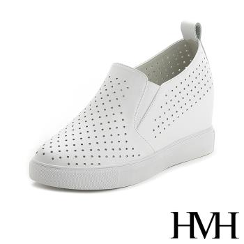 【HMH】真皮時尚縷空水玉洞洞透氣內增高厚底樂福鞋 白