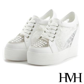 【HMH】時尚璀璨方晶美鑽性感蕾絲厚底內增高美腿休閒鞋 白