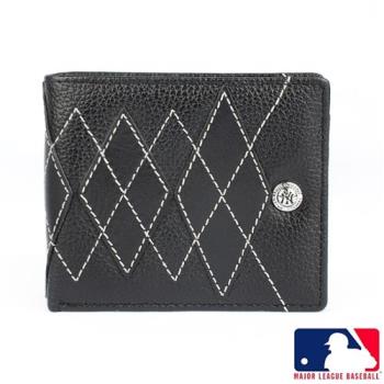 【MLB 美國大聯盟 】洋基 菱格紋 6卡右翻2窗格 皮夾/短夾/錢包-(黑色)