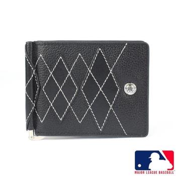 【MLB 美國大聯盟 】洋基 菱格紋 6卡鈔票夾 皮夾/短夾/錢包-(黑色)