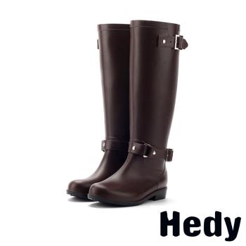 【Hedy】個性韓版釦飾時尚高筒防滑耐磨雨靴 棕
