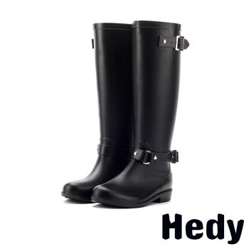 【Hedy】個性韓版釦飾時尚高筒防滑耐磨雨靴 黑