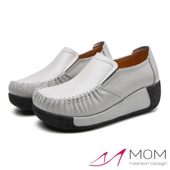 【MOM】真皮舒適寬楦手工縫線復古厚底坡跟樂福鞋 灰