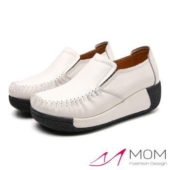 【MOM】真皮舒適寬楦手工縫線復古厚底坡跟樂福鞋 米