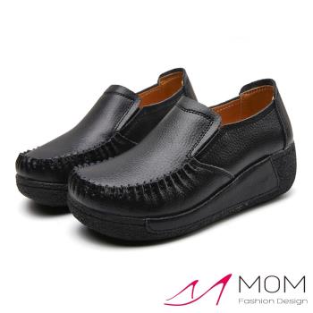 【MOM】真皮舒適寬楦手工縫線復古厚底坡跟樂福鞋 黑