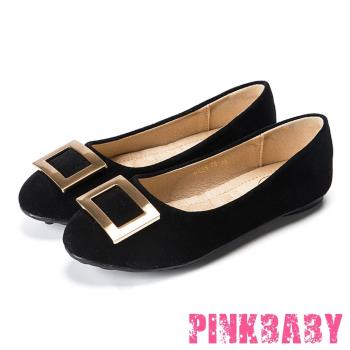 【PINKBABY】經典時尚金屬大方釦舒適軟底豆豆鞋 黑