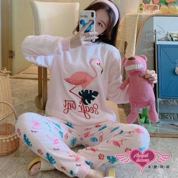天使霓裳 保暖睡衣 粉紅小鶴 法蘭絨睡衣 居家保暖兩件式成套睡衣(粉色F) RA4006