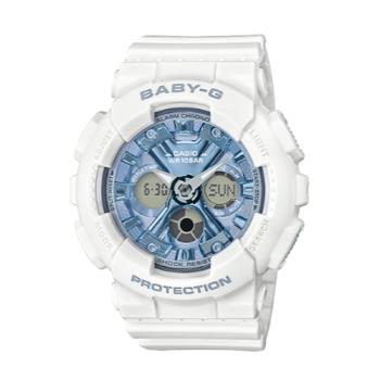 【CASIO 卡西歐】BABY-G 風格時尚雙顯女錶 樹脂錶帶 霧面白x湛藍 防水100米(BA-130-7A2)