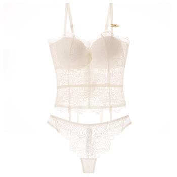 【PinLe】法式深V性感馬甲蕾絲聚攏上托收腹美體套裝(白色)bra-A005