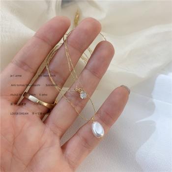 梨花HaNA 新款法式天然珍珠美鑽吊綴．雙層鎖骨鍊