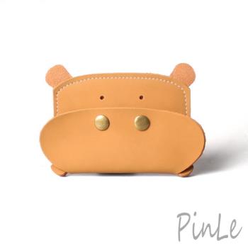 PinLe 真皮手作日系質感牛皮零錢卡夾包 鑰匙包 耳機包 (河馬)