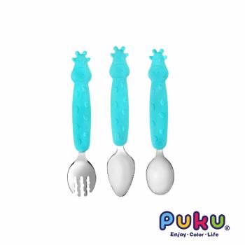 【PUKU藍色企鵝】 長頸鹿不鏽鋼叉勺3入組-藍色(含盒)