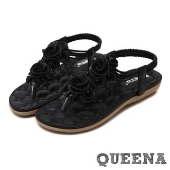 【QUEENA】甜美立體玫瑰造型T字舒適平底涼鞋 黑