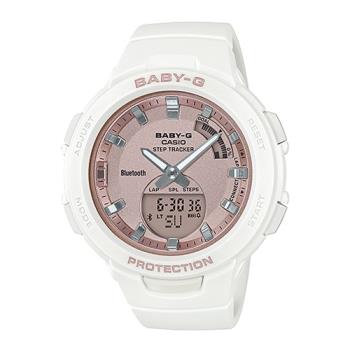 【CASIO 卡西歐】BABY-G藍牙休閒雙顯錶 樹脂錶帶 霧白x玫瑰金 防水100米(BSA-B100MF-7A)