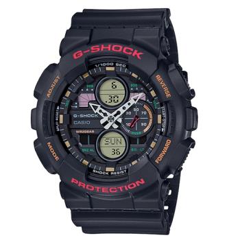 【CASIO 卡西歐】G-SHOCK 復古防磁雙顯男錶 樹脂錶帶 霧黑x紅 防水200米(GA-140-1A4)