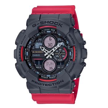 【CASIO 卡西歐】G-SHOCK 復古防磁雙顯男錶 樹脂錶帶 灰X紅撞色 防水200米(GA-140-4A)