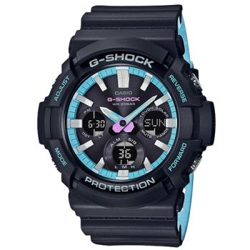 【CASIO 卡西歐】G-SHOCK 雙顯男錶 樹脂錶帶 深灰Ｘ霓虹藍 太陽能電力 防水200米 世界時間(GAS-100PC-1A)