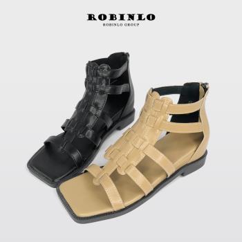 Robinlo美式復古鏤空繞踝羅馬方頭涼鞋BEAL-杏色/黑色