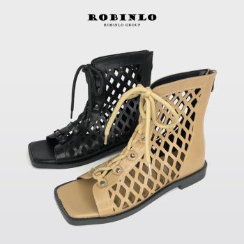 Robinlo時尚幾何鏤空羅馬綁帶魚口涼鞋JOSE-杏色/黑色