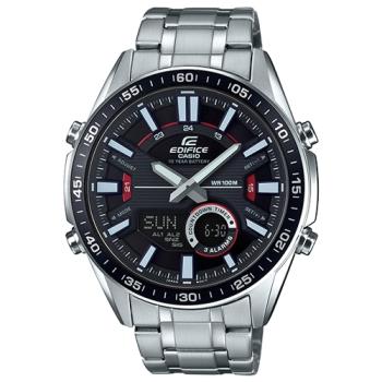 【CASIO 卡西歐】EDIFICE 雙顯男錶 不鏽鋼錶帶 黑X紅錶面 防水100米(EFV-C100D-1A)
