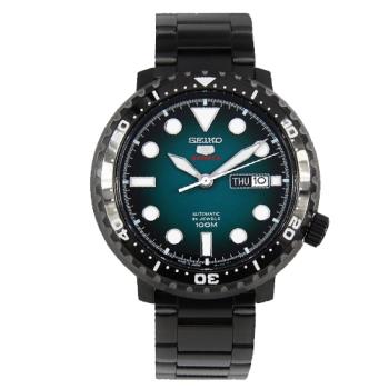 【SEIKO 精工】日製運動機械男錶 不鏽鋼錶帶 鍍黑X湖綠 防水100米(SRPC65J1)
