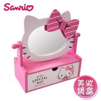 Hello Kitty 粉紅蝴蝶結 凱蒂貓 單抽收納 大化妝鏡盒 飾品美妝收納(正版授權)