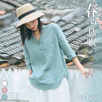 【ACheter】日本砂洗純色棉麻寬鬆上衣#106058現貨+預購j(3色選)