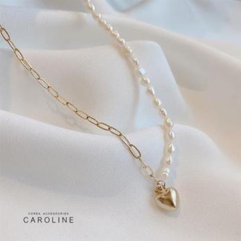 Caroline韓國時尚風格珍珠愛心鈦剛項鍊-HER