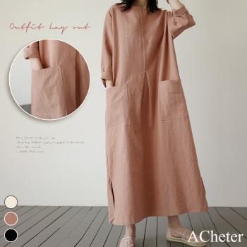 【ACheter】韓國森林悠靜大口袋寬鬆棉麻洋裝#106397現貨+預購(3色)