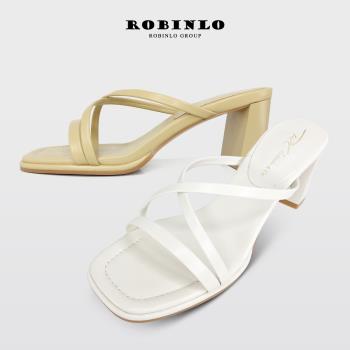 Robinlo法式優雅交叉細帶方頭粗跟涼拖鞋PARSONS-黃色/米白色/黑色