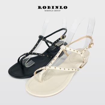 Robinlo率性甜美鉚釘露趾夾腳涼鞋PRUCE-黑色/米白色