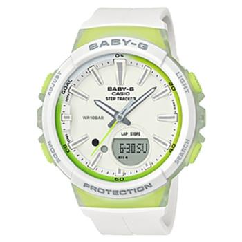 【CASIO 卡西歐】BABY-G 輕巧計步雙顯女錶 橡膠錶帶 白X綠 計步功能(BGS-100-7A2)