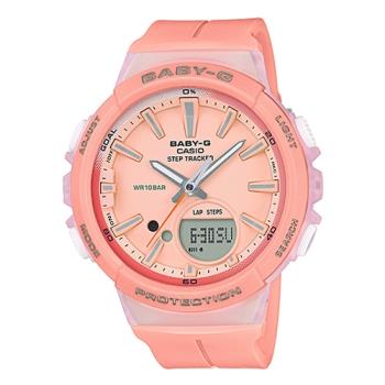 【CASIO 卡西歐】BABY-G 輕巧計步雙顯女錶 橡膠錶帶 夢幻粉橘(BGS-100-4A)