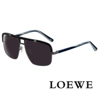 【LOEWE 羅威】西班牙皇室品牌皮革細節方框太陽眼鏡(黑/深藍大理石紋 SLW404V-0K59)