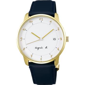 agnesb.法國時尚簡約手錶-白x金框x藍/38mmVJ42-KZ30B(BS9005J1)