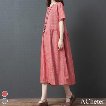【ACheter】桐花詩意文藝條紋寬鬆棉麻洋裝106672現貨+預購GX#(2色)