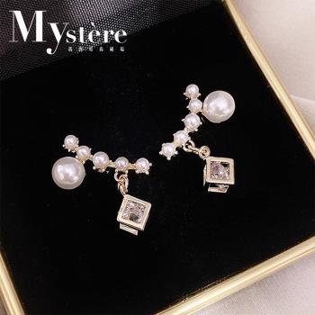 【my stere 我的時尚秘境】925銀針~韓國氣質方塊幾何滿鑽珍珠垂墜耳環