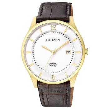 【CITIZEN 星辰】石英指針男錶 皮革錶帶 白色錶面 防水50米 日期顯示(BD0043-08B)