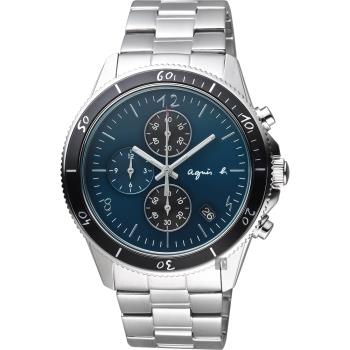agnes b. 巴黎限定計時手錶-綠x銀/43mm VK67-KXB0G(B7A005X1)