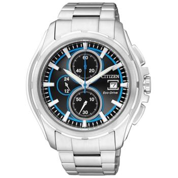 【CITIZEN 星辰】光動能三眼男錶 不鏽鋼錶帶 黑X藍色錶面 防水100米(CA0270-59E)